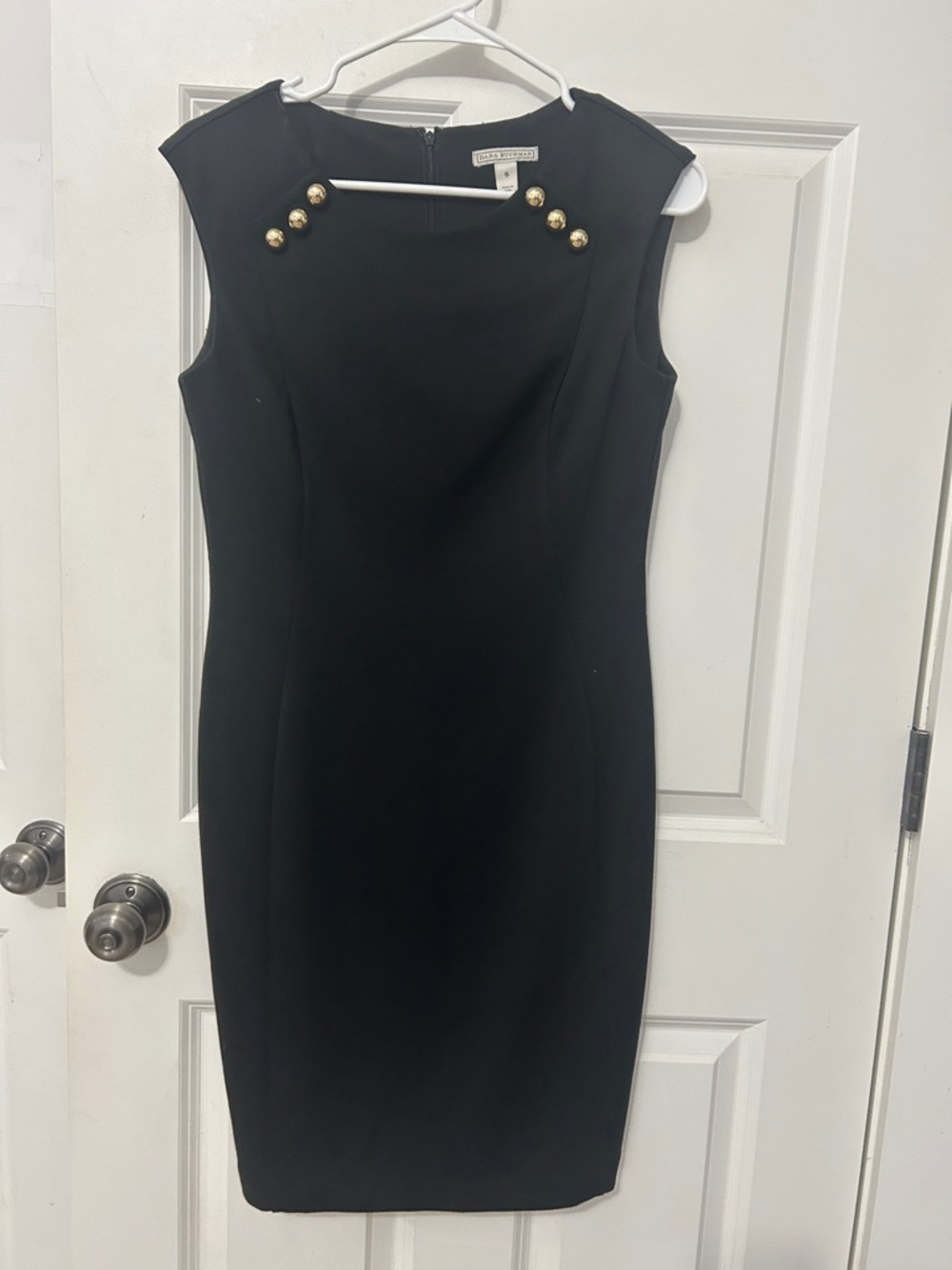 Dana Buchman Black Midi Sheath Dress Gold Buttons size 6 wedding guest dress